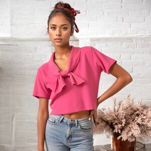 1950s Pink Knit Cropped‎ Sweater Short Sleeve Bow Detail Top Size L